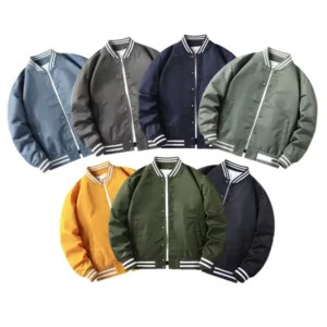 Customized Wear Resistant Windbreaker Anti Static Mens Jacket Solid Color Polyester Baseball Varsity Jackets