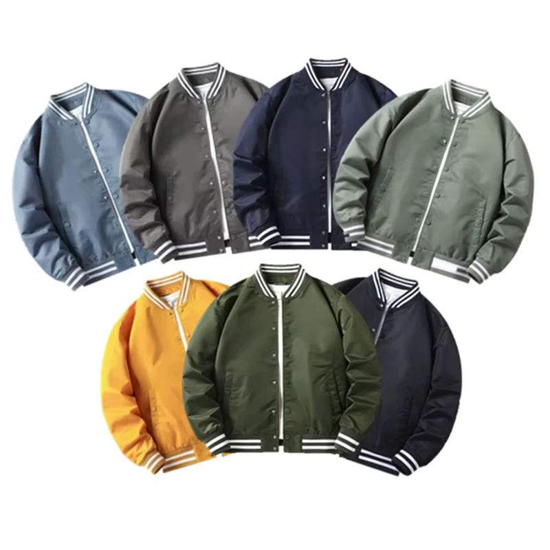 Customized Wear Resistant Windbreaker Anti Static Mens Jacket Solid Color Polyester Baseball Varsity Jackets
