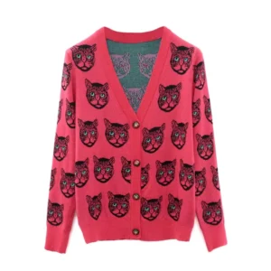 Customized Women’s XS Winter Cardigan Sweater Casual Open Front V Neck Oversized Knit Coat with Cat Cartoon Graphic