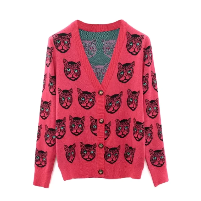 Customized-Womens-XS-Winter-Cardigan-Sweater-Casual-Open-Front-V-Neck-Oversized-Knit-Coat-with-Cat-Cartoon-Graphic