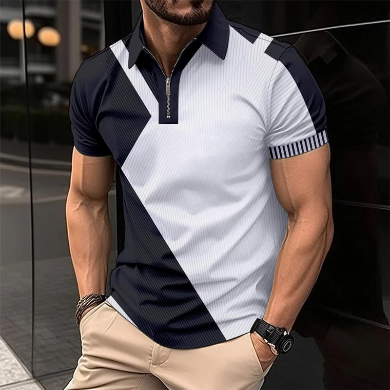 DLM039 Men's Zipper Printed Short-sleeved Men's Casual T-shirt POLO Shirt Top