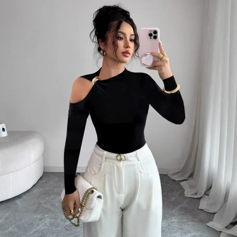 DM-Womens-Off-shoulder-Metal-Decorative-Knitted-T-shirt-Asymmetric-Collar-One-sided-Slim-Fit-Daily-T-Shirt-Street-Shirt-Top