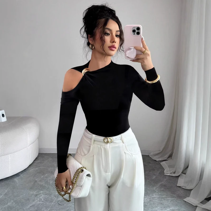 D&M Women's Off shoulder Metal Decorative Knitted T shirt Asymmetric Collar One sided Slim Fit Daily T Shirt Street Shirt Top