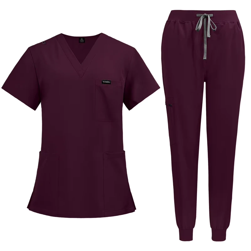 Dark Burgundy Pullover Nurse Top and Jogger Uniform Set Stretch Hospital Medical Uniform OEM