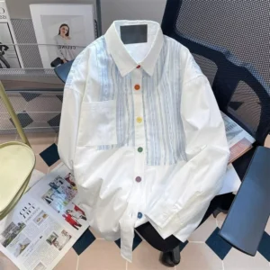 Design Sense Niche Color Button Striped Shirt Women’s Autumn Couple Casual Hong Kong Style Outer Long Sleeve Top Polyester 113