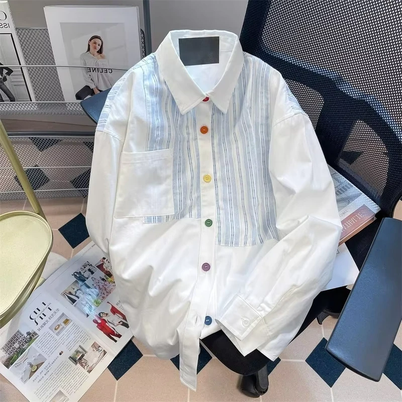 Design Sense Niche Color Button Striped Shirt Women's Autumn Couple Casual Hong Kong Style Outer Long Sleeve Top Polyester 113