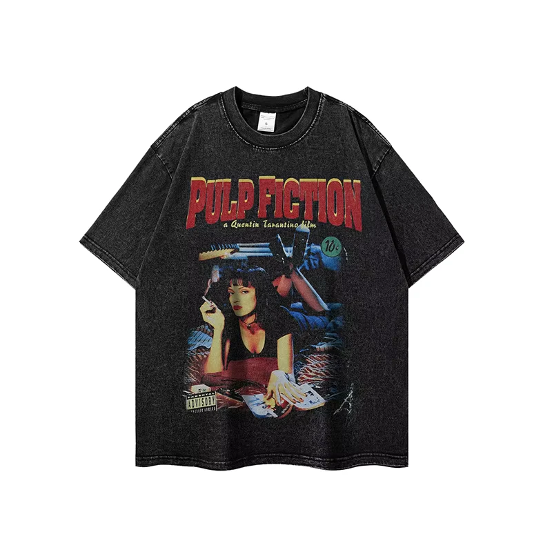Direct-printed washed aged short-sleeved T-shirt American retro streetwear men's casual loose retro T-shirt