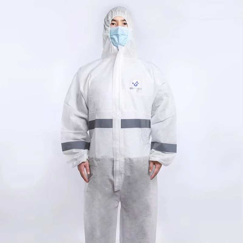 Disposable Level B Splash Protective Coverall with Hood and Reflective Tape