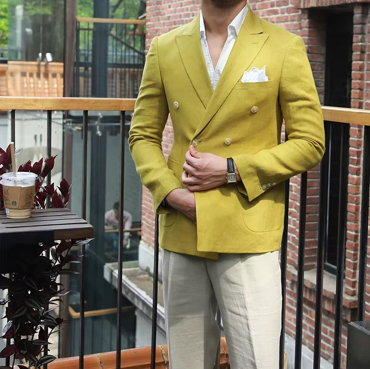 Double-Breasted Cotton Men's Slim-Fit Suit Jacket