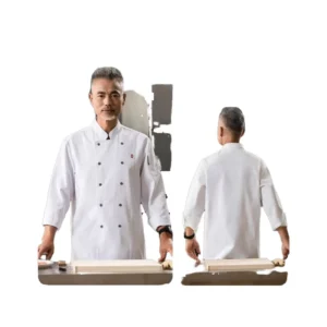 Double-Breasted Long-Sleeve Poly-Cotton Chef Jacket with Custom Sizing, 3 Colors, and Four-Season Restaurant and Bar Use