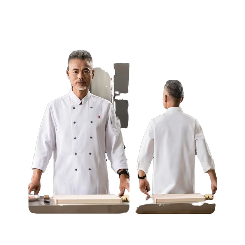 Double-Breasted Long-Sleeve Poly-Cotton Chef Jacket with Custom Sizing, 3 Colors, and Four-Season Restaurant and Bar Use