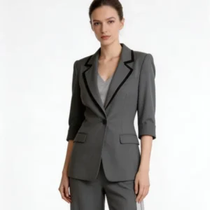Double Breasted Women’s Mandarin Collar Blazer Suit 3D Embroidery Winter Solid Pattern Business Party Wear Woven High Slit Skirt
