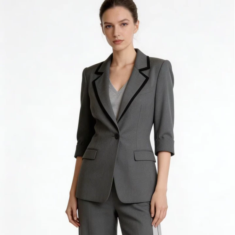 Double Breasted Women's Mandarin Collar Blazer Suit 3D Embroidery Winter Solid Pattern Business Party Wear Woven High Slit Skirt