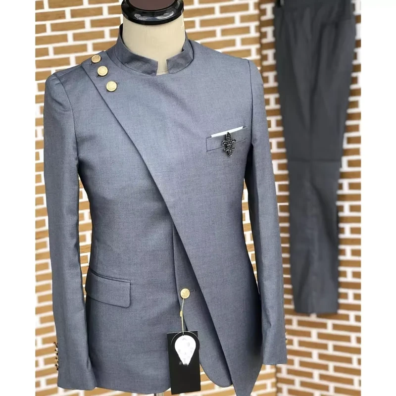 Double-Layered Mandarin Collar Suits for Men 2 Pieces Dark Gray Terno Masculino Slim Fit Wedding Groom Prom Blazer Custom