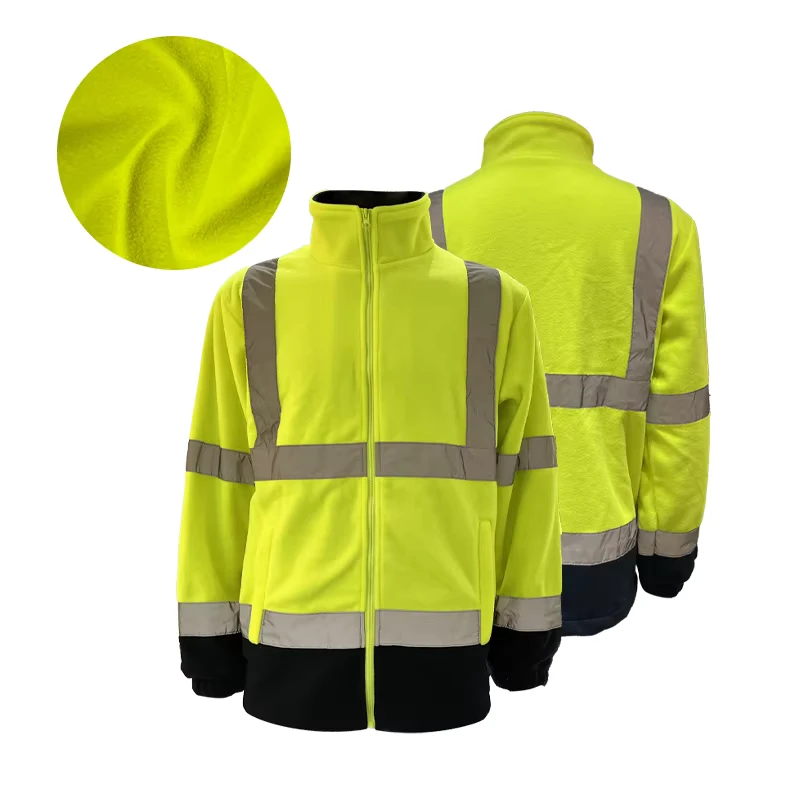Durable High Visibility Fleece Work Safety Jacket Winter Construction Men's Fluorescent Reflective Sweatshirt with Zipper