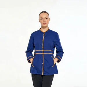 Durable Poly Cotton Blue Chef Jacket with Stand Collar Breathable Chef Uniform for Food Service