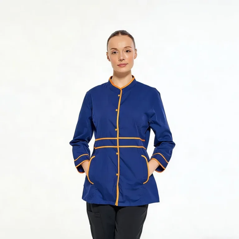 Durable-Poly-Cotton-Blue-Chef-Jacket-with-Stand-Collar-Breathable-Chef-Uniform-for-Food-Service