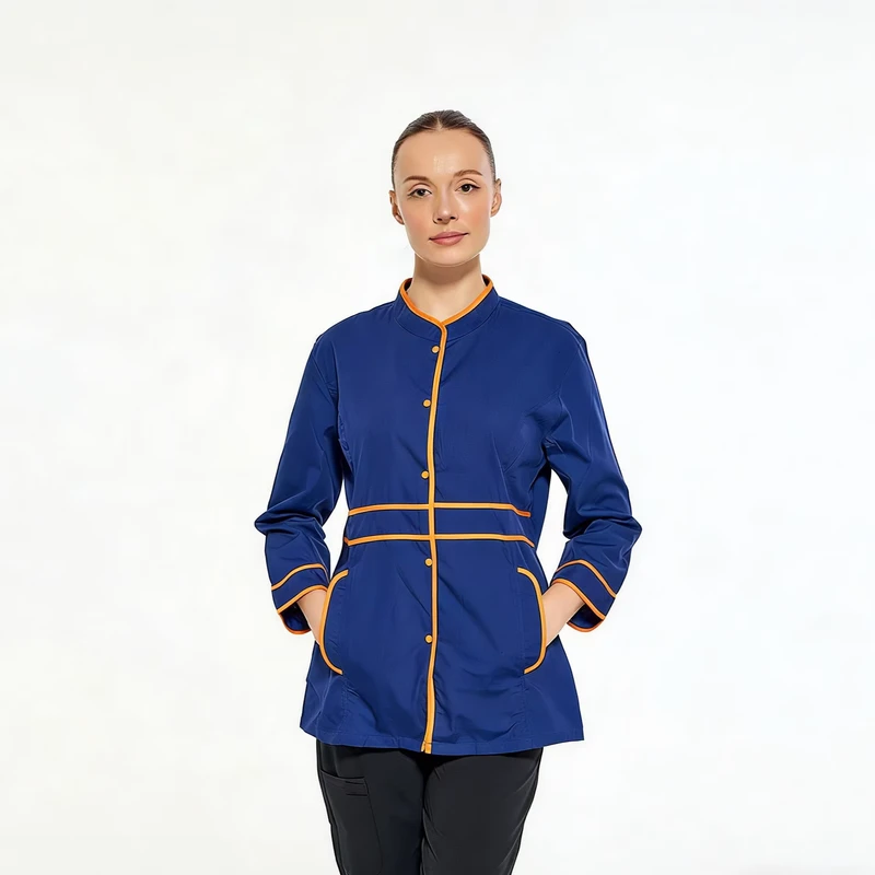 Durable Poly Cotton Blue Chef Jacket with Stand Collar Breathable Chef Uniform for Food Service
