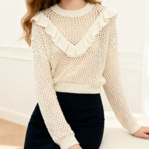 E&L OEM&ODM Women’s Summer Thin Long Sleeve Crew Neck Sweet Ruched Design Acrylic Knit Sweater Hollow Design Soft Breathable