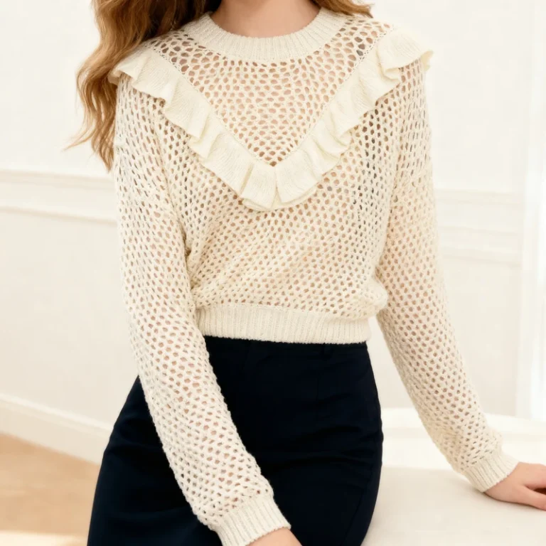 EL-OEMODM-Womens-Summer-Thin-Long-Sleeve-Crew-Neck-Sweet-Ruched-Design-Acrylic-Knit-Sweater-Hollow-Design-Soft-Breathable