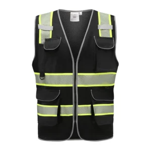EN 20471 ANSI Class 2 Multi-Pocket High Visibility Reflective Black Two-Tone Vest with Zipper Closure