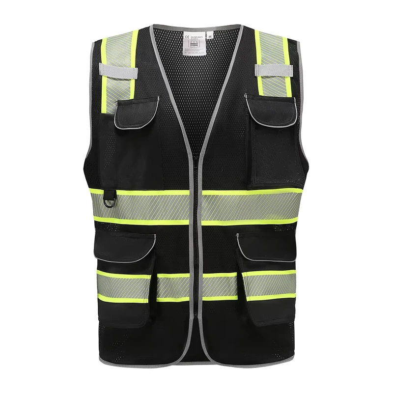 EN 20471 ANSI Class 2 Multi-Pocket High Visibility Reflective Black Two-Tone Vest with Zipper Closure