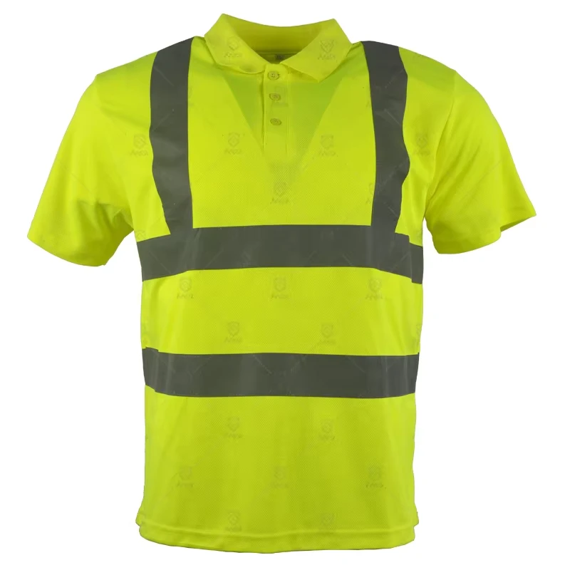 EN 20471 Class 2 Reflective Safety Polo Shirt Polyester Fluorescent Yellow Orange Unisex Hi vis Work Wear