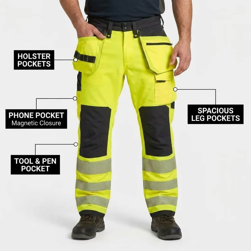EN ISO 20471 Class 2 Men Safety Work Trousers Multi Pockets Work Pants Reflective Hi Vis Workwear Cargo Trouser for Worker