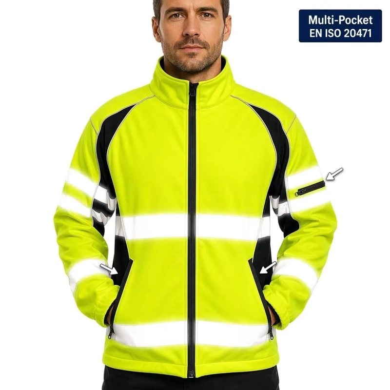 EN ISO 20471 Hi Vis Reflective Safety Softshell Windproof Warm Jacket with Multiple Pockets OEM Custom