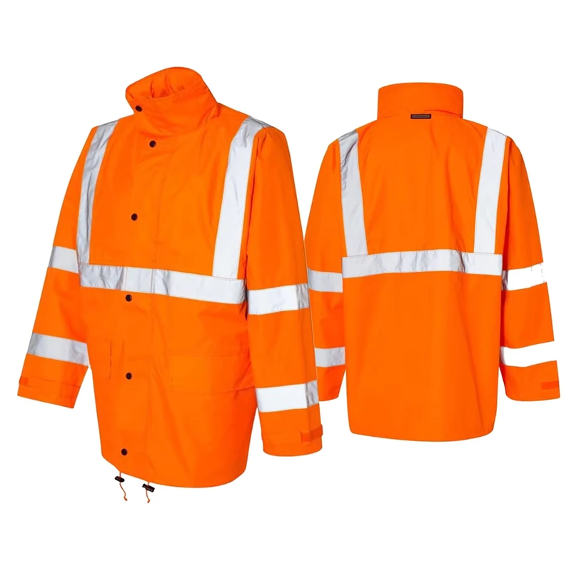 EN ISO 20471 and ANSI ISEA 107 Hi Vis Reflective Safety Raincoat Orange Rain Jacket Waterproof with Customized logo