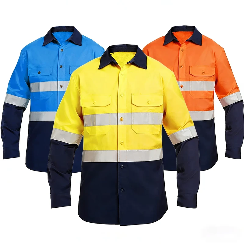 EN20471 Cotton Hi Vis Reflective Safety Work Shirts Custom Logo Construction Mining Industrial Worker Uniform
