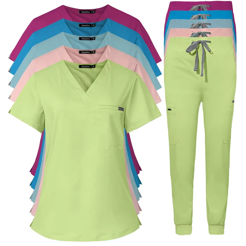 Elastic Scrub Top V neck Short sleeve Hospital Nurse Uniform Set Polyester Dobby Fabric Unisex Scrubwear