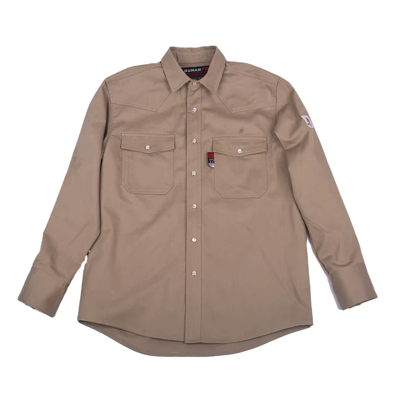 Embroidery Logo Mens Long Sleeve FR Clothing Khaki Shirt Anti heat Workwear