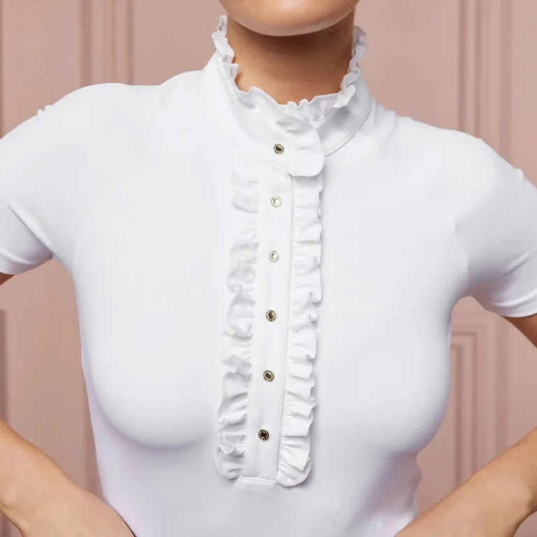 Equestrian-Show-Shirts-Gorgeous-Frill-on-the-Collar-and-Around-the-Front-Button-Placket-Performance-Stretch-Fabric-Short-Sleeves