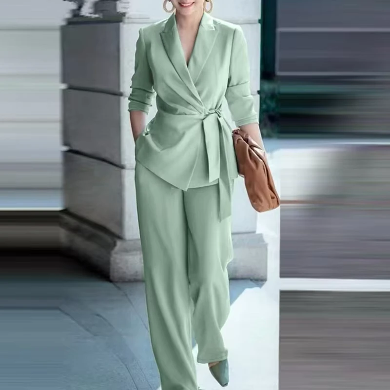 Europe America Middle East Autumn Winter Solid Color Bow Lace-up Suit Women