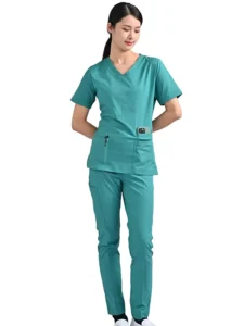 European American New Pure Color V Neck Knitted Scrubs Short Sleeve Unisex Two Piece Nursing Uniform Set Needle Hospital