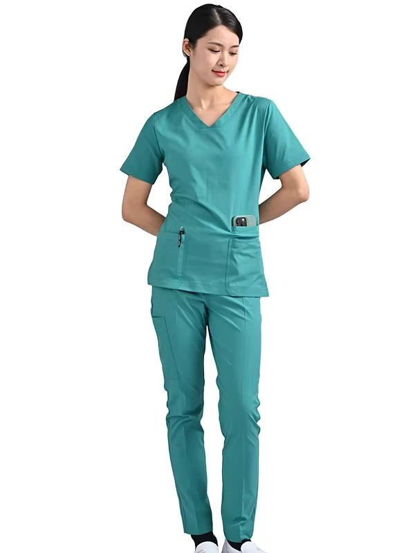 European American New Pure Color V Neck Knitted Scrubs Short Sleeve Unisex Two Piece Nursing Uniform Set Needle Hospital