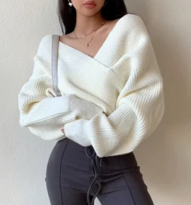 European Hot Girl Sexy Loose Cross Sweater Female Autumn Navel baring One shoulder Knitted Sweater Top