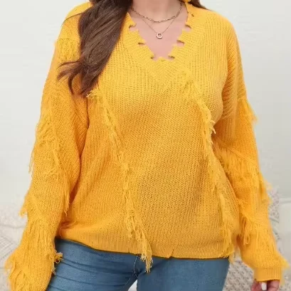 European-and-American-Plus-Size-Womens-Autumn-and-Winter-V-neck-Whisker-Fringe-Splicing-Pullover-Sweater