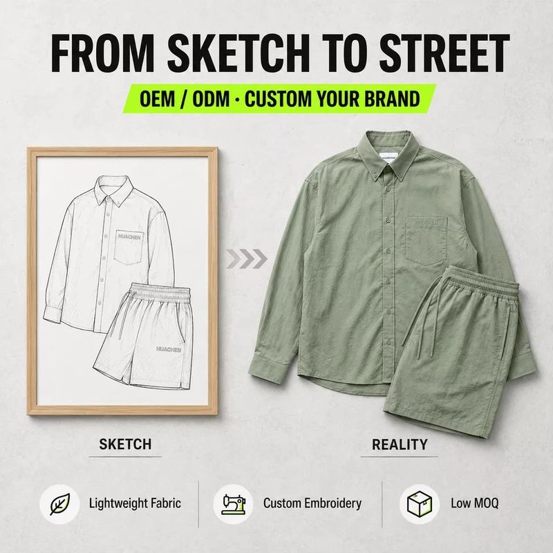 Exclusive OEM Custom Mens Casual Shirt Shorts Set Olive Green Wash Cotton Long Sleeve Top And Board Shorts Streetwear Supplier