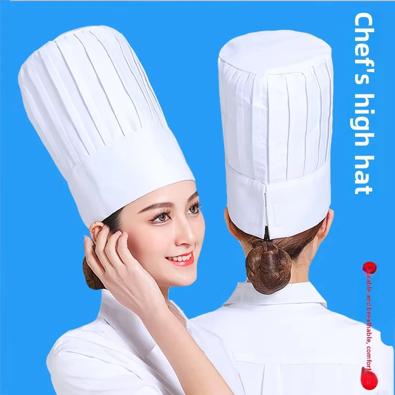 Extra high Chef's Cooking Working Hat Thickened White Hotel Kitchen Mushroom Cap Western Restaurant Elastic Embossed Men's