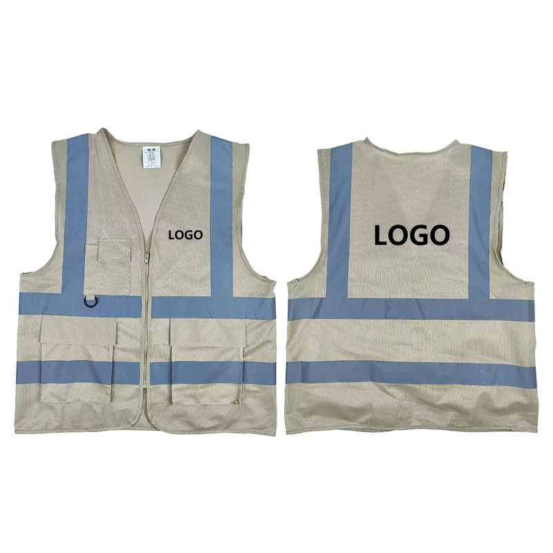 F BX D402 High Visibility Gray Fluorescent Reflective Safety Vest with Custom Pockets Zippers Adjustable Logo