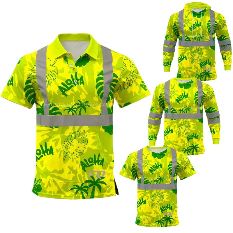 FQ Custom Men's Hi Vis Reflective Safety Work Polo Shirt Printed Pattern Construction Beach Shirts Flower Tribal Hawaiian Shirts