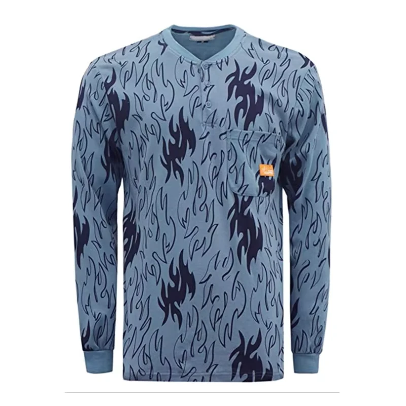 FR Arc CAT2 Flame Retardant Printed Blue Cool Knit Fabric Shirt 7OZ Fire Proof FR Work Henley Shirts