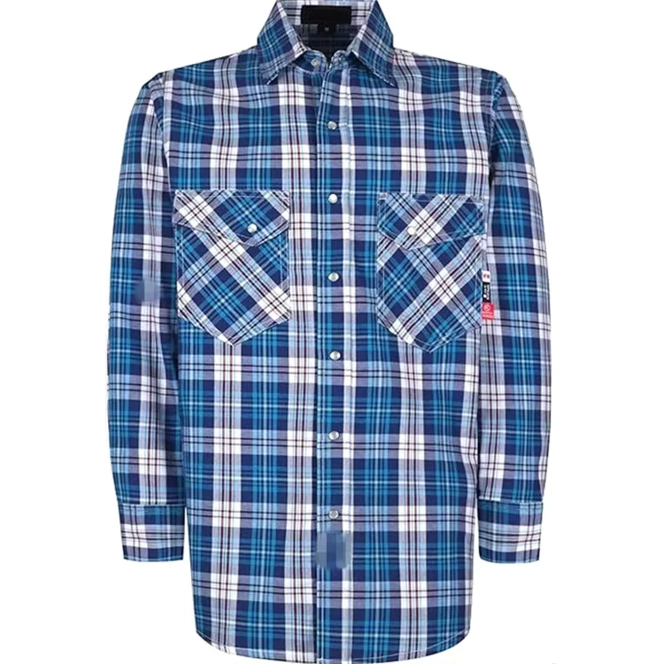 FR CAT2 Arc Flash Safety Fire Proof 7.5OZ Yarn Dyed Plaid Shirt Snap Closure Cotton FR Sleeves for Welding