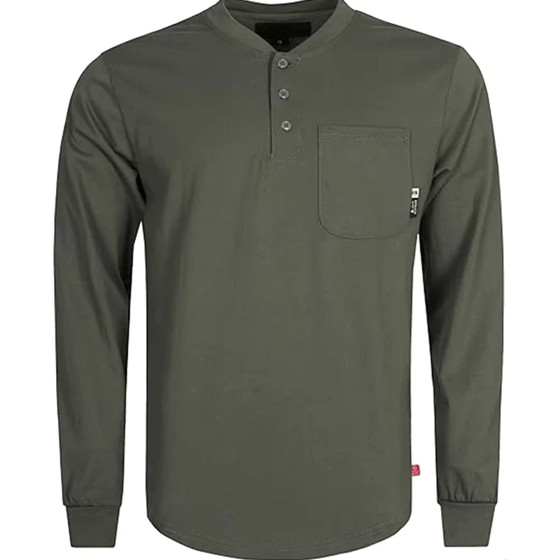 FR Clothing 6OZ FRC Cotton FR Henley Knit CAT2 Flame Resistant Pullover Shirt NFPA 2112 and EN 11612 Compliant ATPV 6 Cal cm2
