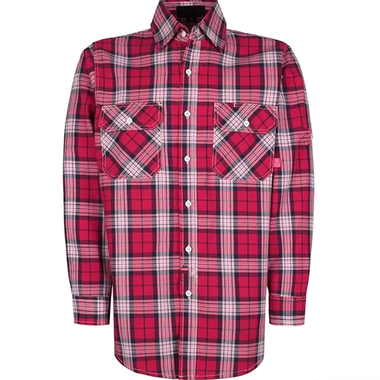 FR Clothing CAT2 Arc Flash Safety Apparel 7.5OZ Cotton Sleeves Yarn Dyed Plaid Shirt Fire Retardant Urea Buttons Welding FRC0812