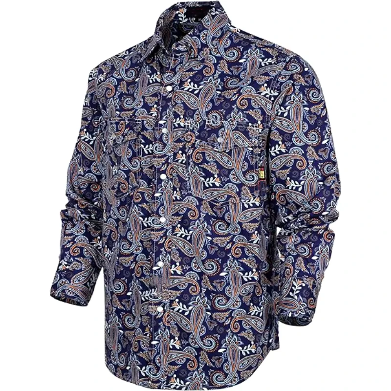 FR Clothing Printed Fire Retardant Top Paisley Pattern Lightweight Pearl Snaps NFPA2112 CAT2 FR Shirt 100% Cotton 6.5OZ