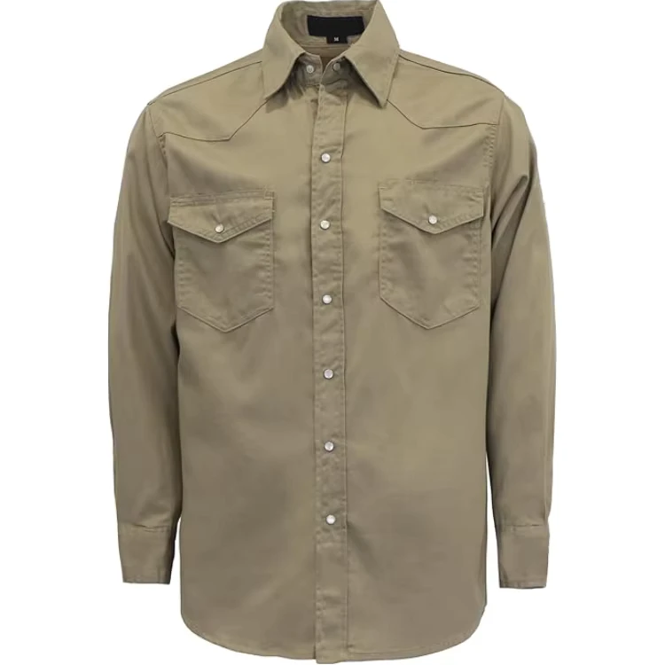 FR Cotton Woven Flame Retardant Industrial Safety Work Shirt with Adjustable Cuffs 6.5OZ ASTM Certified CAT2 for Welding