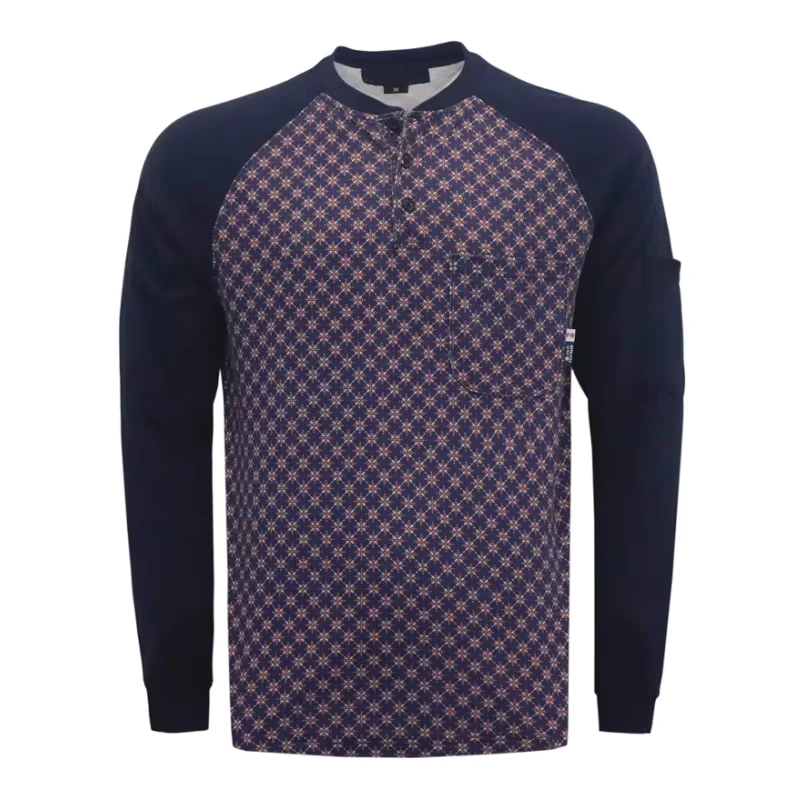 FR Flame Resistant CAT2 Henley Shirt 7OZ Knit Printed Camouflage ASTM Certified NFPA 2112 Compliant for Electrician Workwear